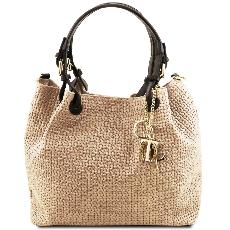  Woven Printed Leather Shopping Bag for Women Beige - Tuscany Leather – -