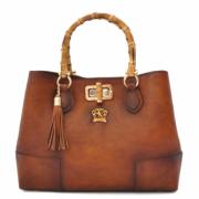 Leather Handbag with Bamboo Handles for Women Brown - PRATESI -